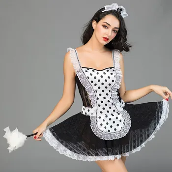 

JSY Adult Women French Maid Cosplay Costume Sexy Halloween Polka Dots Lace Room Service Outfits Role Play Exotic Party Dress