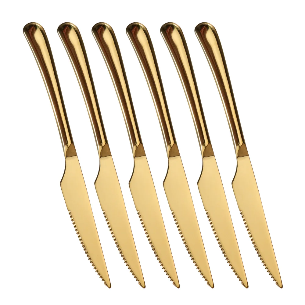 

6Pcs/Set Stainless Steel Steak Knife With Long Handle Titanium Plating Gold Dinner Knives Luxurious Western Flatwares
