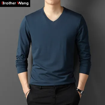 

9-color V-neck Long-sleeved T-shirt Men 2019 Spring Autumn Fashion Casual Thin Soft Pure Cotton Tee Shirts Male Brand Clothes