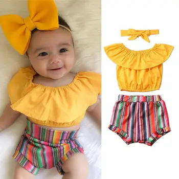 

pudcoco 3Pcs Toddler Kid Baby Girl Clothes Off Shoulder Ruffles Top Multi Color Striped Shorts Summer Outfit