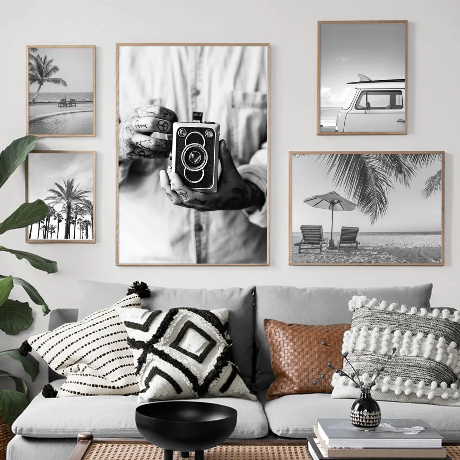 Black White Surf Beach Chair Camera Palm Tree Car Van Wall Art Print Canvas Painting Nordic Poster Decor Picture For Living Room