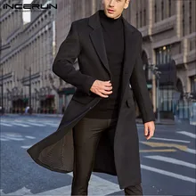 Модные мужские шерстяные пальто, куртки, одноцветные уличные длинные тренчи с длинным рукавом, флисовые зимние мужские классические пальто INCERUN