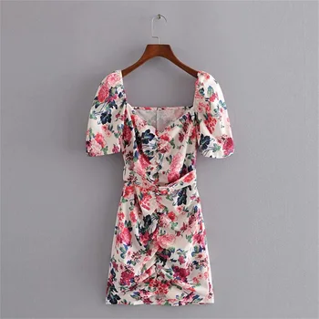 

2020 summer women's new short-sleeved V-neck front pleated decorative mini dress with belt flower print dress
