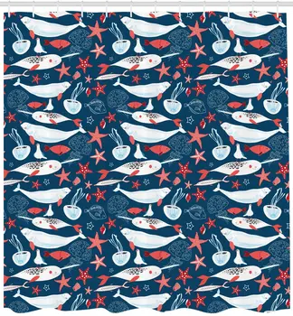

Narwhal Shower Curtain Arctic Ocean Fauna with School of Fish Narwhal and Jellyfish Sketch Fabric Bathroom Decor Set with Hooks