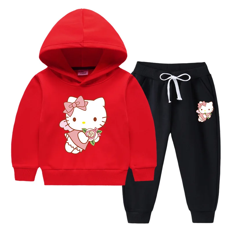 thumbnail image 1 of Conjunto de suéter con capucha con patrón de dibujos animados para niños de Hello Kitty, conjunto de suéter con capucha de algodón puro grueso, ropa deportiva y de ocio para niñas cálidas, 1 of 5