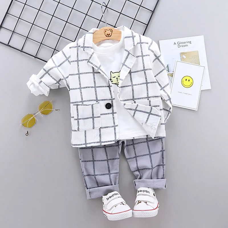 White no Shoes Костюм в клетку для маленьких мальчиков комплект из 3 предметов для маленьких мальчиков, праздничный комплект одежды для детей, куртка+ штаны+ рубашка с бантом - Цвет: White no Shoes