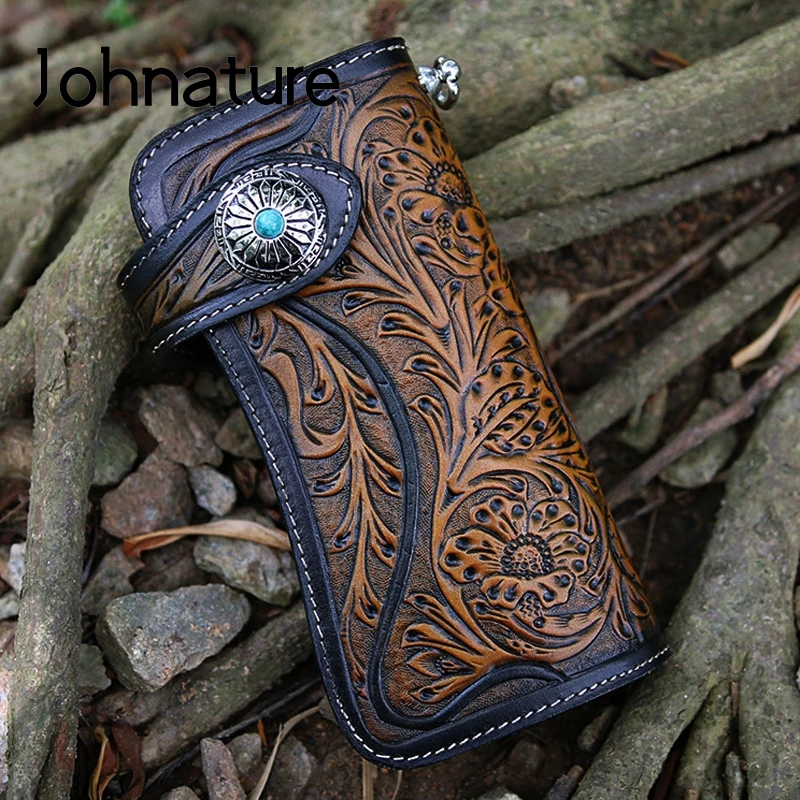 Johnature Genuine Leather Handmade Craved Luxury Wallet 2024 New Vintage Floral Hasp Men And Women Long Wallets Card Holder