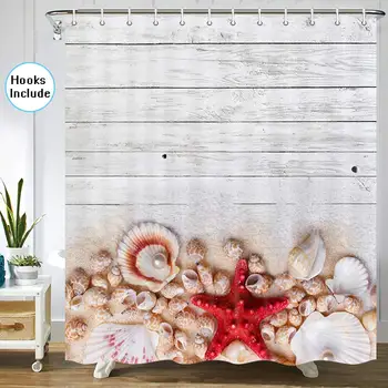 

Beach Seashells Theme Shower Curtain for Bathroom, Sea Shells Starfish Sand on Rustic Vintage Wooden Board Ocean Beach Theme Art