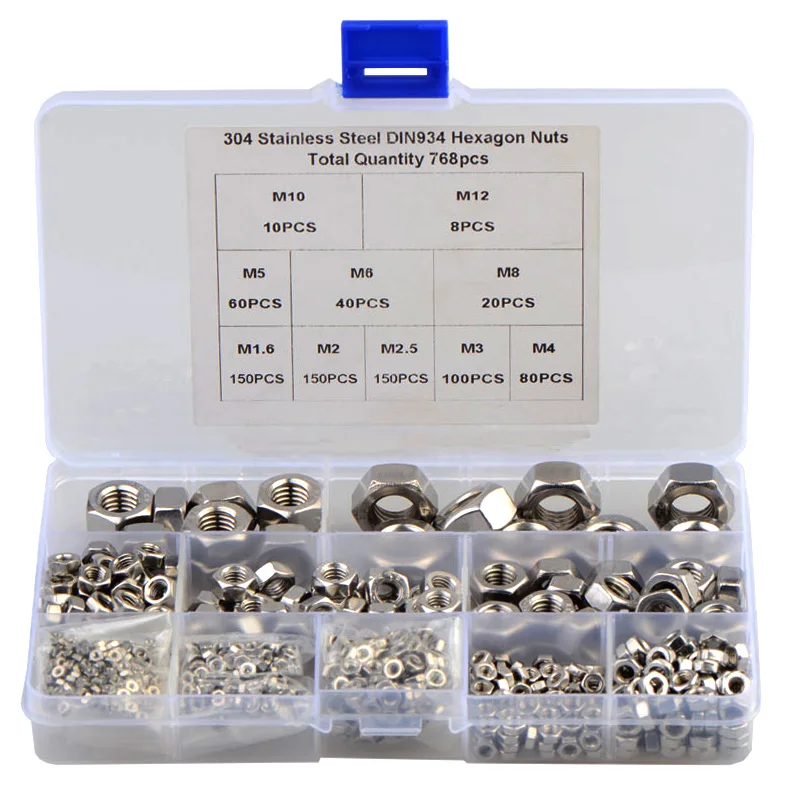 

768PCS Hex Hexagon Nuts Assortment Kit M2 M2.5 M3 M4 M5 M6 M8 M10 M12 DIN934 304 Stainless Steel Metric Hex Nuts Set