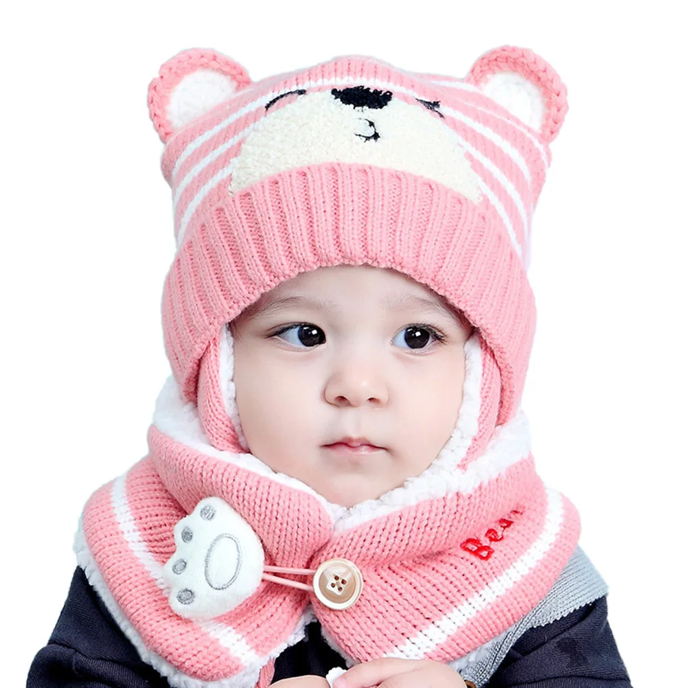 Pink 1 комплект, зимняя вязаная шапка для новорожденных, шапка-ушанка с шарфом, детская шапка для девочек и мальчиков, кроше вязаные шапочки, реквизит для фотосессии - Цвет: Pink