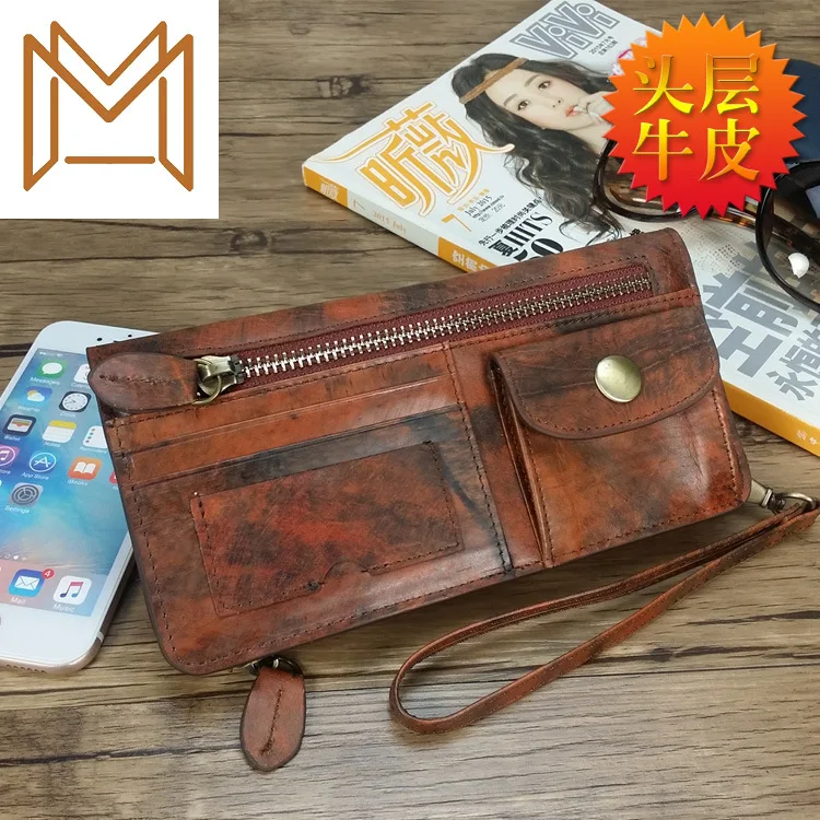 

Manual Color Genuine Leather Wallet Woman Male Long Head Layer Cowhide Position Zipper Mobile Phone Small