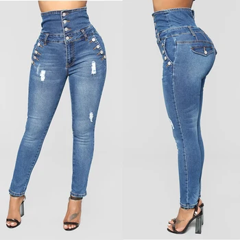 

Jeans buttons elastic tight high waist sexy street style pencil pants 3XL fashion women