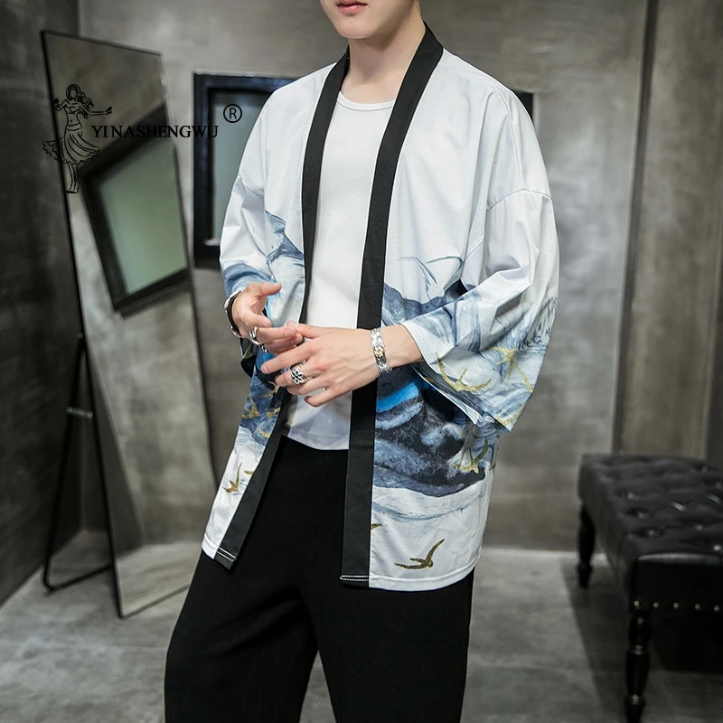 

Japanese Kimono Men Yukata Print Kimono Cardigan Men Sun Protection Shirt Beach Thin Casual Boulses Kimono Cosplay Costume Top