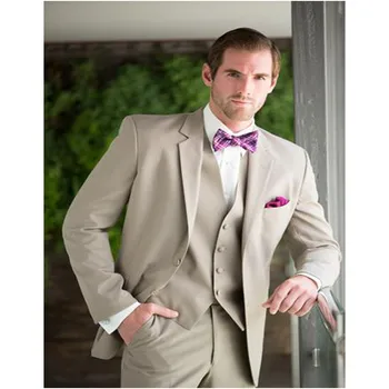 

Gentleman Style Beige Mens Wedding Suits Tuxedos Notched Lapel Mens Suits Two Buttons Groomsmen Suits (jacket+pants+vest) A025