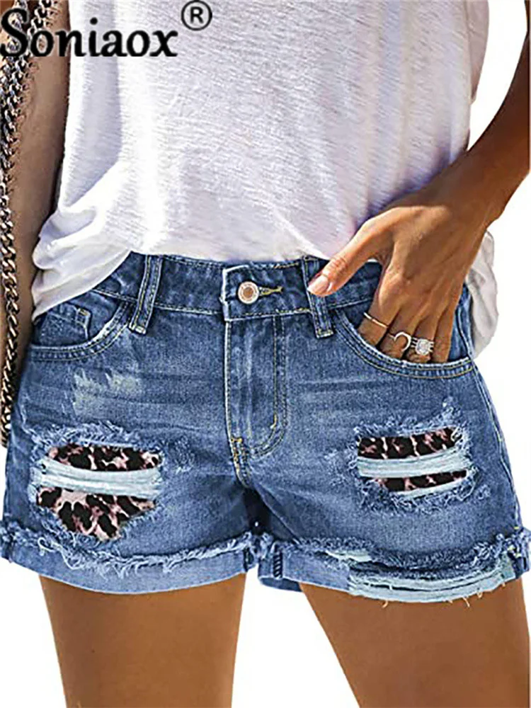 Summer Women Sexy Mid-Waist Torn Leopard Print Camouflage Shorts Fashion Casual Slim Denim Shorts Ladies Ripped Pants Streetwear