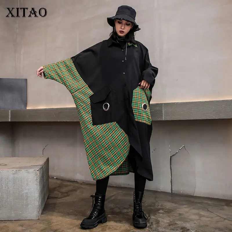 XITAO лоскутное клетчатое платье-миди с карманами, нерегулярная женская одежда, модное платье с отложным воротником, большие размеры, ZYQ1949