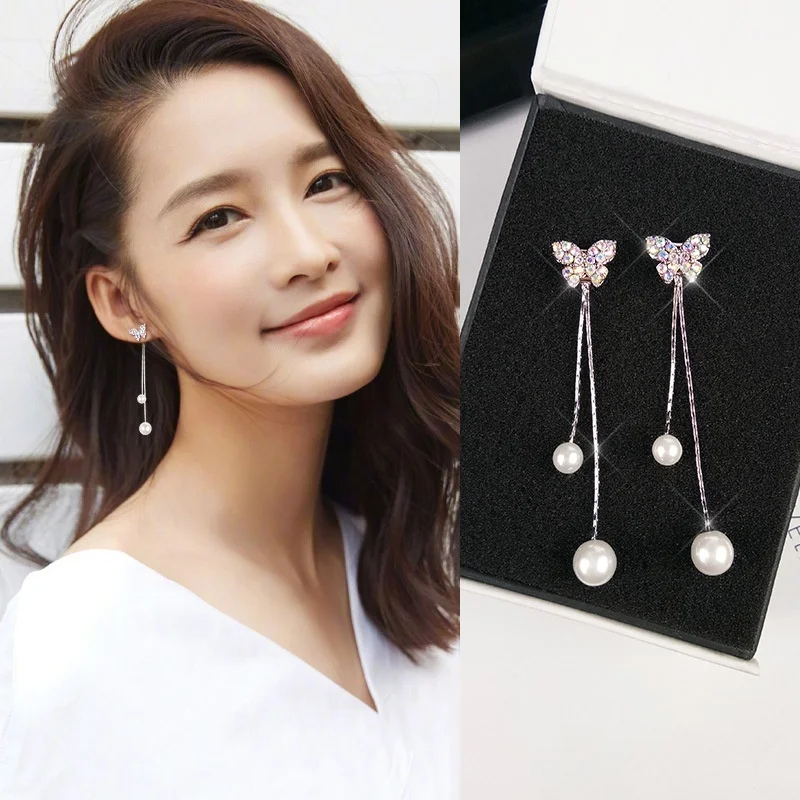 1 Pair Women Fashion Colorful Crystal Bowknot Drop Earring Long Pearl Temperament Dangle Accessories Earrings | Украшения и