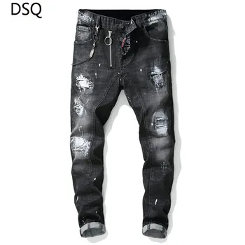 

European American Style mens dsq brand jeans luxury Men straight denim trousers zipper Patchwork Slim black jeans for men 012