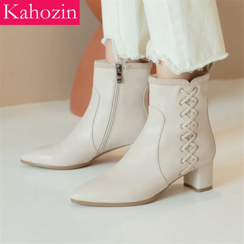 

Winter Quality Women Short Boots PU Vamp Weaving SquareToe Zip Square Heel 5CM Apricot Black Casual Office Fashion Comfortable