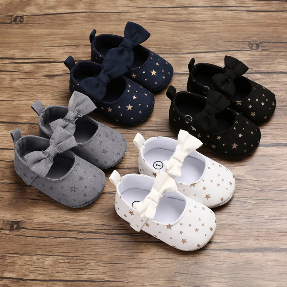 Цветочные кроссовки для новорожденных девочек; Повседневная хлопковая обувь с бантом для малышей; кожаная обувь принцессы с блестками и звездами для маленьких девочек 0-18 месяцев