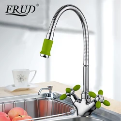 Frud Kitchen Sink Faucet Deck Mounted Stainless Steel Tapware 360 Degree Rotatable Hose Taps Double Handles Mixers R43127-6