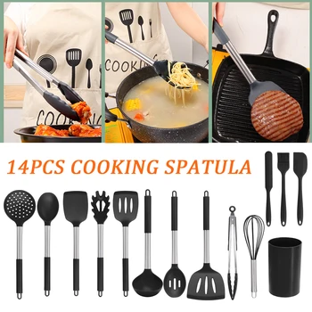 

14pcs Cooking Utensil Set Non Stick Kitchen Tool Easy Clean Heat Resistant Food Clip Anti-slip Silicone Whisk Spatula