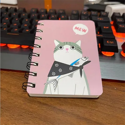 80Page A7 Korea Cartoon Anime Coil Notebook Small Notepad Animal Rollover Office School Learn Supplies Mini Kawaii Diary Journal 1601 cat Pink