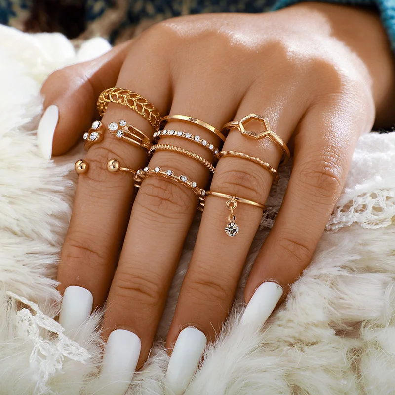 8pcs/sets Bohemian Geometric Rings Sets Clear Crystal Stone Gold Chain Opening for Women Jewelry Accessories | Украшения и
