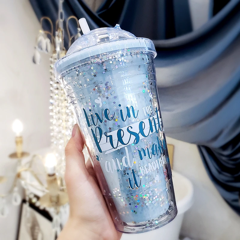 

480ml Plastic Cup With Straw Double Layer Water Bottle Portable Travel Mug For Juice Cold Drinkware Custom Gift Christmas Cup