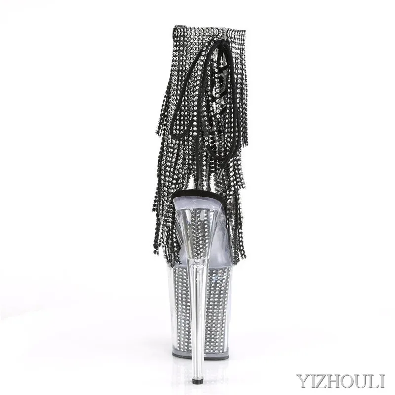 Crystal soles, sexy peep-toe ankle boots, fringed vamp, shiny models use 20cm heels for party pole dancing, dancing shoes