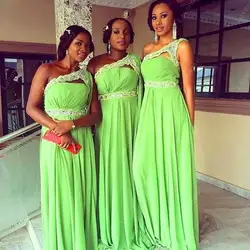 Pretty Lime Green Chiffon Bridesmaid Dresses Lace  One Shoulder  Long Bridemaids Prom Gowns Wedding Party Dresses