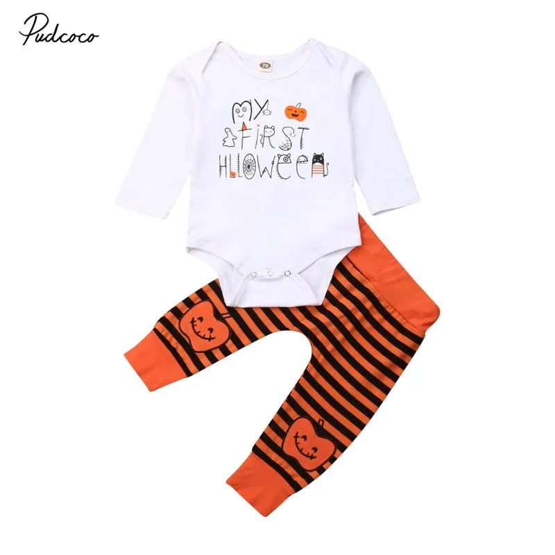 

2019 Baby Spring Autumn Clothing Newborn Baby Boy Girl Halloween Outfit Long Sleeve Romper Jumpsuit+Pant Pumpkin Print 2PCS Set