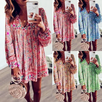 

Women Casual Loose Spring Floral Solid Boho Splice Beach Full Long Sleeve Mini Dress Fashion Summer Dresses Robe Femme 2020