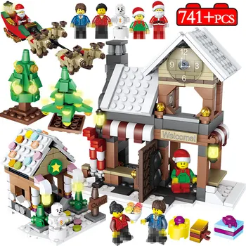 

741 Pcs Winter Village Christmas Tree Snowman City Building Blocks lepining City Christmas Santa Claus Figures Bricks Kids Toy