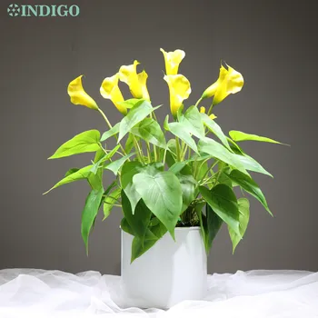 

INDIGO (3 Bunch + Iron Vase) Yellow Calla Bouquet Tulip Bonsai Real Touch Wedding Outdoor Artificial Waterproof Flower Decor
