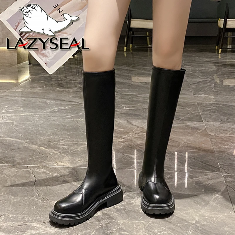 

Женские сапоги до колена Lazyseal из мягкой искусственной кожи длиной 38 см, сапоги с застежкой-молнией и шитьем на массивном каблуке, женская модная обувь
