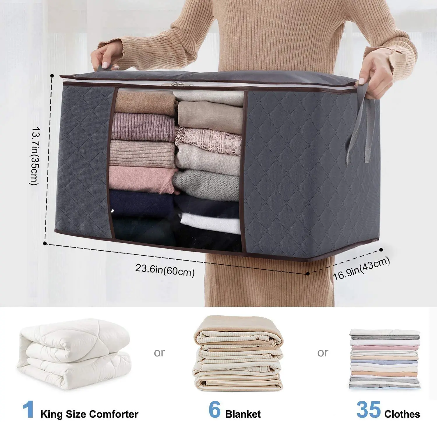 Large Capacity Clothes Storage Bag Organizer with Handle Fabric for Comforters Blanket Bedding Foldable with Zipper Clear Window