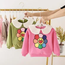 Зимний Детский свитер для девочек; коллекция года; сезон осень; детский бархатный пуловер с отложным воротником и подсолнухом; свитер; верхняя одежда; S10120