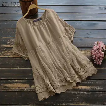 

M 5XL ZANZEA Summer Short Sleeve Blouse Fashion Solid Hollow Lace Patchwork Shirt Women Cotton Pleated Tunic Tops Female Blusas