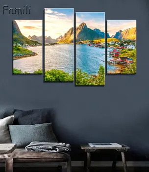 

4piece canvas art Building Norway fjord harbor mountains buildings panorama Home Decor Canvas Poster Print,decorative pictures