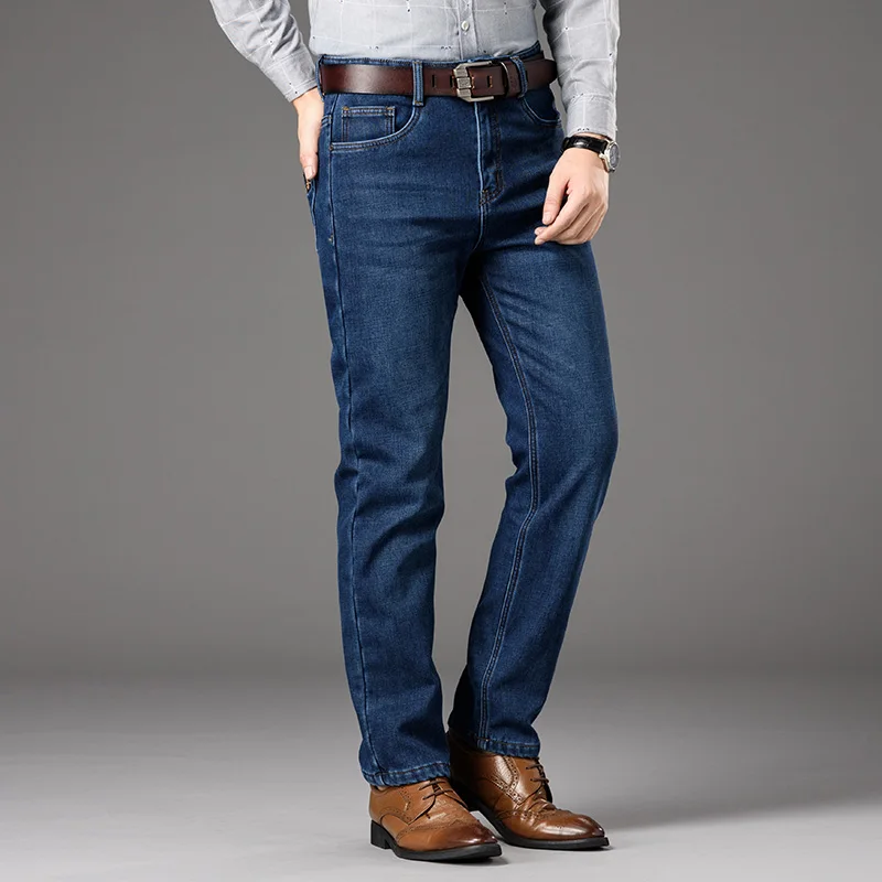 Reviews Free Shipping 2019 Winter Plus Velvet Thick Jeans Men's Elastic Loose Straight Jeans Black Blue elastic force Business Casual