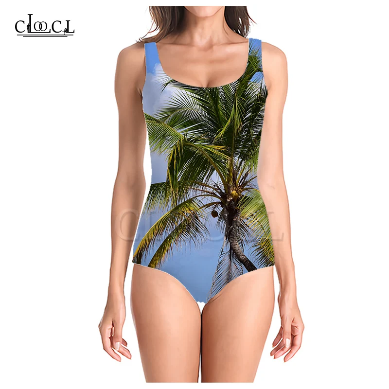 

CLOOCL Sandy Beach Women Plant Palm Tree 3D Print Girls One-piece Swimsuit Bathing Suit Sleeveless Slim Sexy Women Swimwear