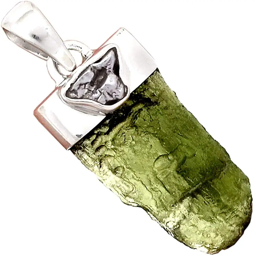 

Genuine Czech Moldavite + METEORITE Pendant 925 Sterling Silver, 34 mm,AP6807