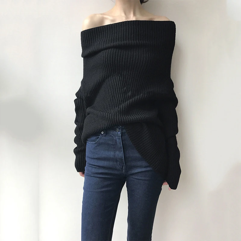 TWOTWINSTYLE-Off-Shoulder-Sweater-Female-Slash-Neck-Batwing-Sleeve-Knitting-Pullover-Jumpers-Women-2019-Spring-Fashion