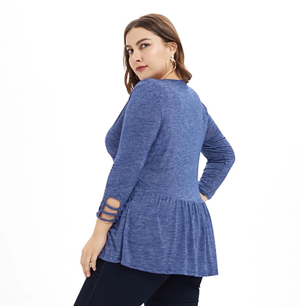 5XL размера плюс, женские топы, плиссированная футболка с длинным рукавом, Женская Повседневная футболка на пуговицах с v-образным вырезом, осенняя женская уличная одежда D30