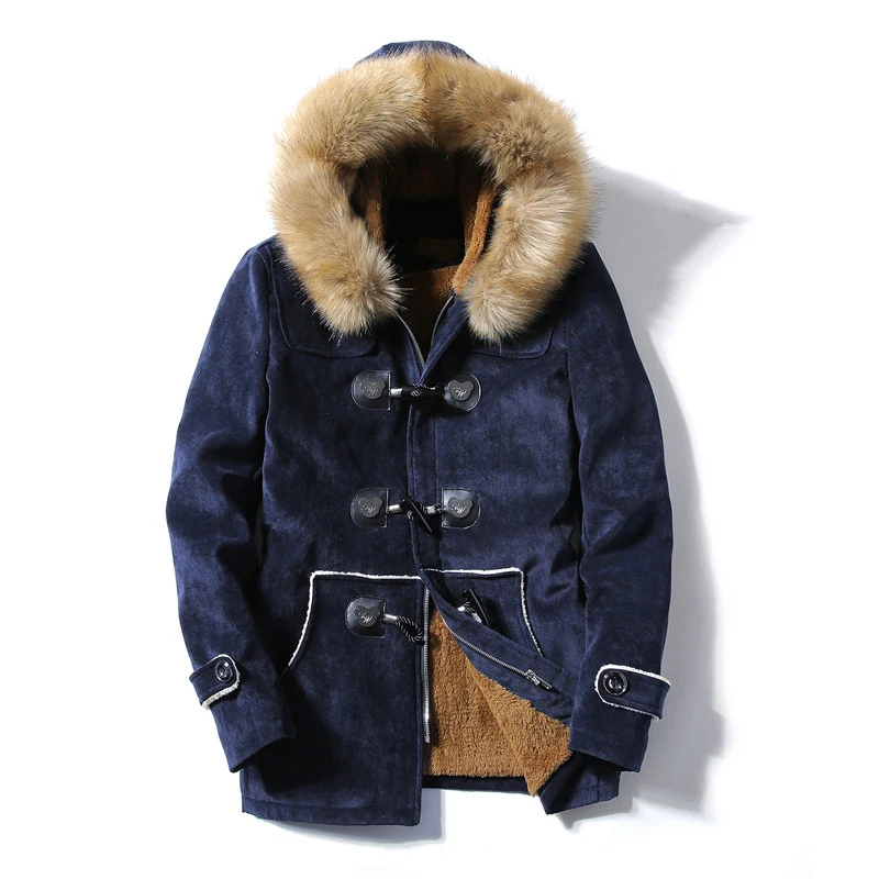 Зимний Уплотнённый тёплый мужской жакет, пальто, новая длинная куртка с капюшоном и меховым воротником, минус 40 градусов, с хлопковой подкладкой, Мужская ветровка, парка - Цвет: Тёмно-синий