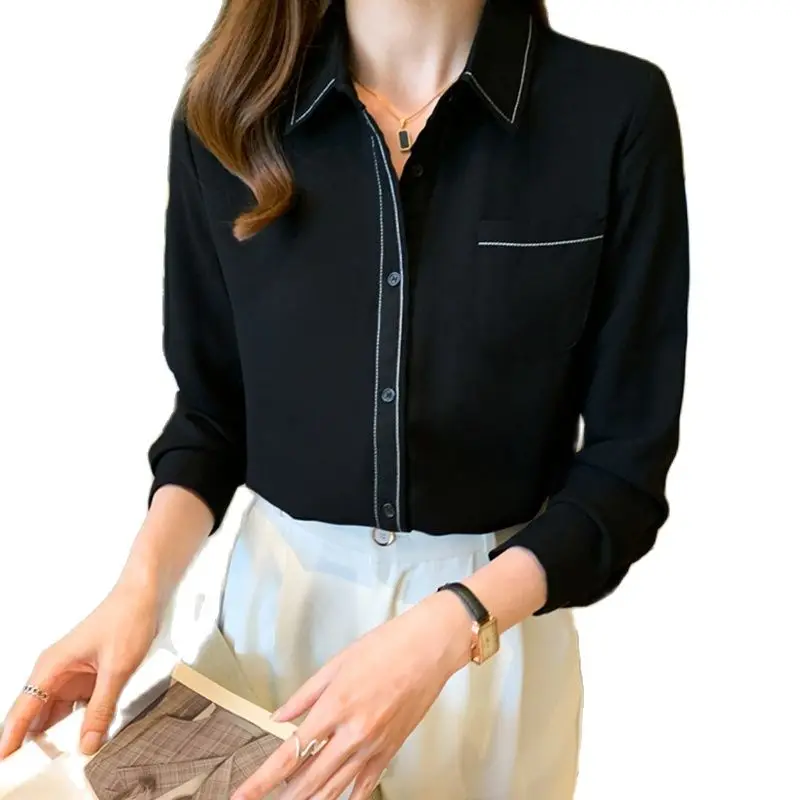 

Women Spring Autumn Turn-down Collar Long-Sleeve Simple Office Work Female Blouse Casual Bright line pocket Chiffon Shirts Tops