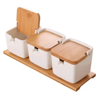 

Set of Ceramic Seasoning Rack Spice Pots Bowls with Spoon & Porcelain Box and Bamboo Cover - Storage Container
