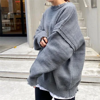 

New Autumn Two-wear Knitted Cardigan With Raw Edge Personality Simple Women's Loose Sweater Tide Trendy Female Fashion Tops