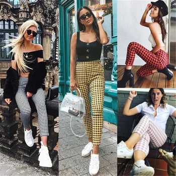 

Lattice Patchwork Plaid Long Pants Women Workout Small Feet Pants Pencil Pant High Waist Skinny Outer Wear Female Casual Pants